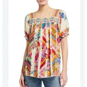 Johnny Was Mixed Print Silk Embroidered Top Womens Medium Square Neck Boho Chic